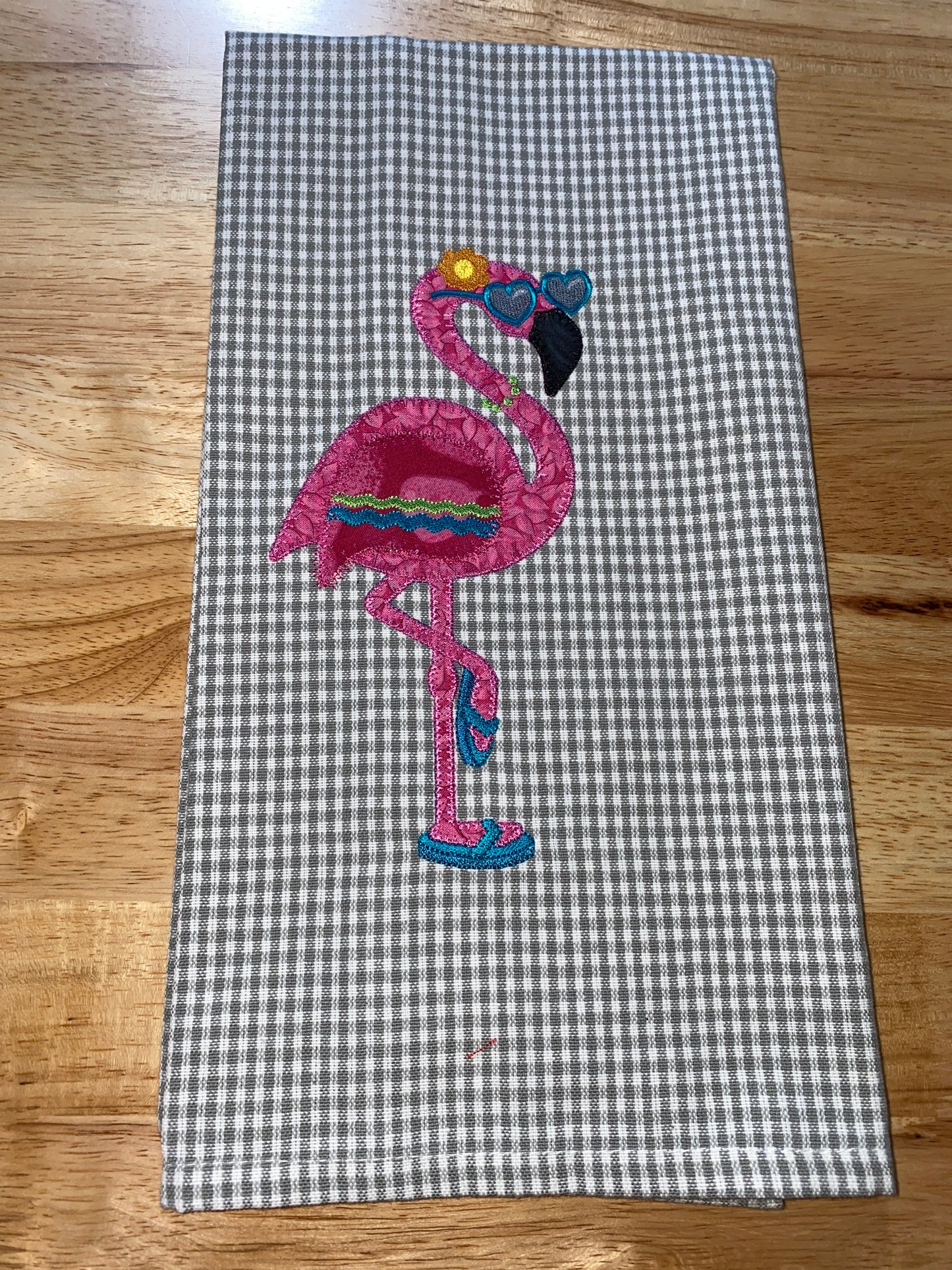 Flamingo Appliqued Dunroven House Towels (Left Towel)