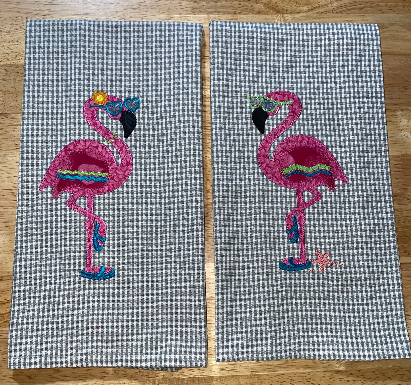 Flamingo Appliqued Dunroven House Towels (Right Towel)