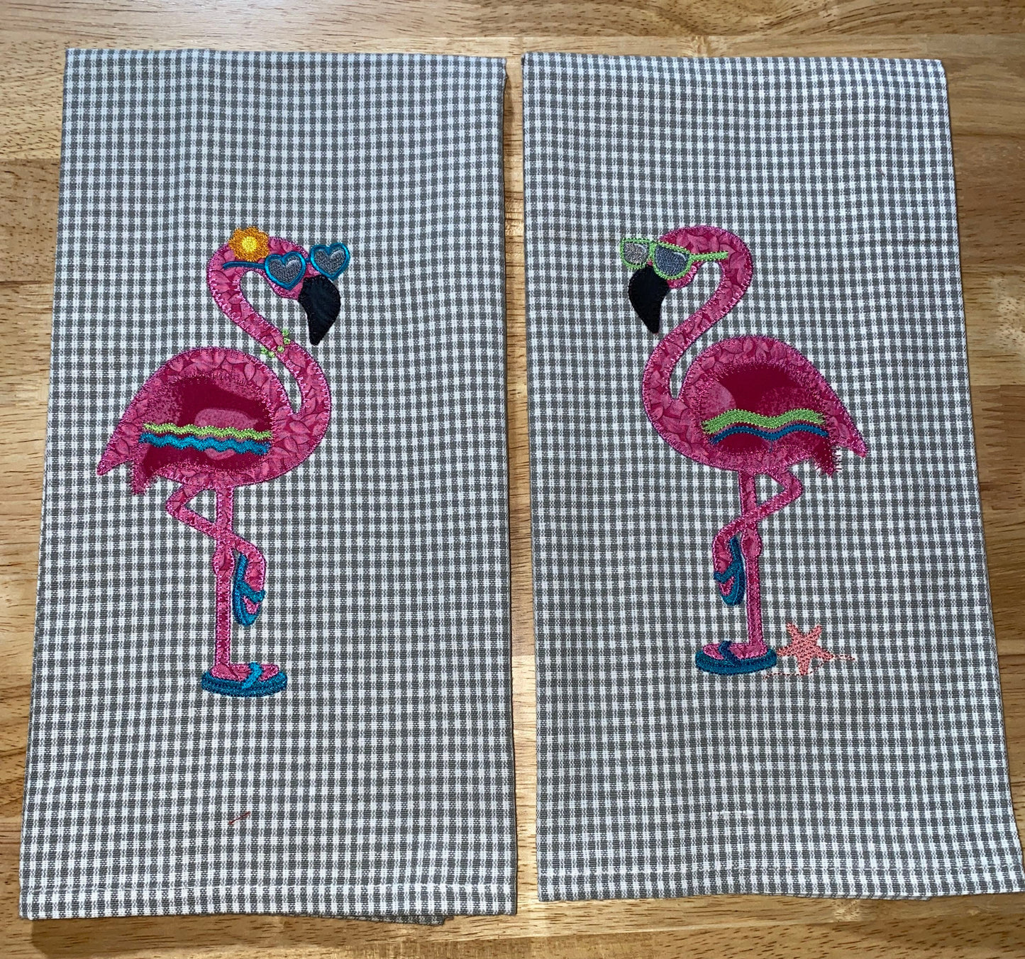 Flamingo Appliqued Dunroven House Towels (Left Towel)