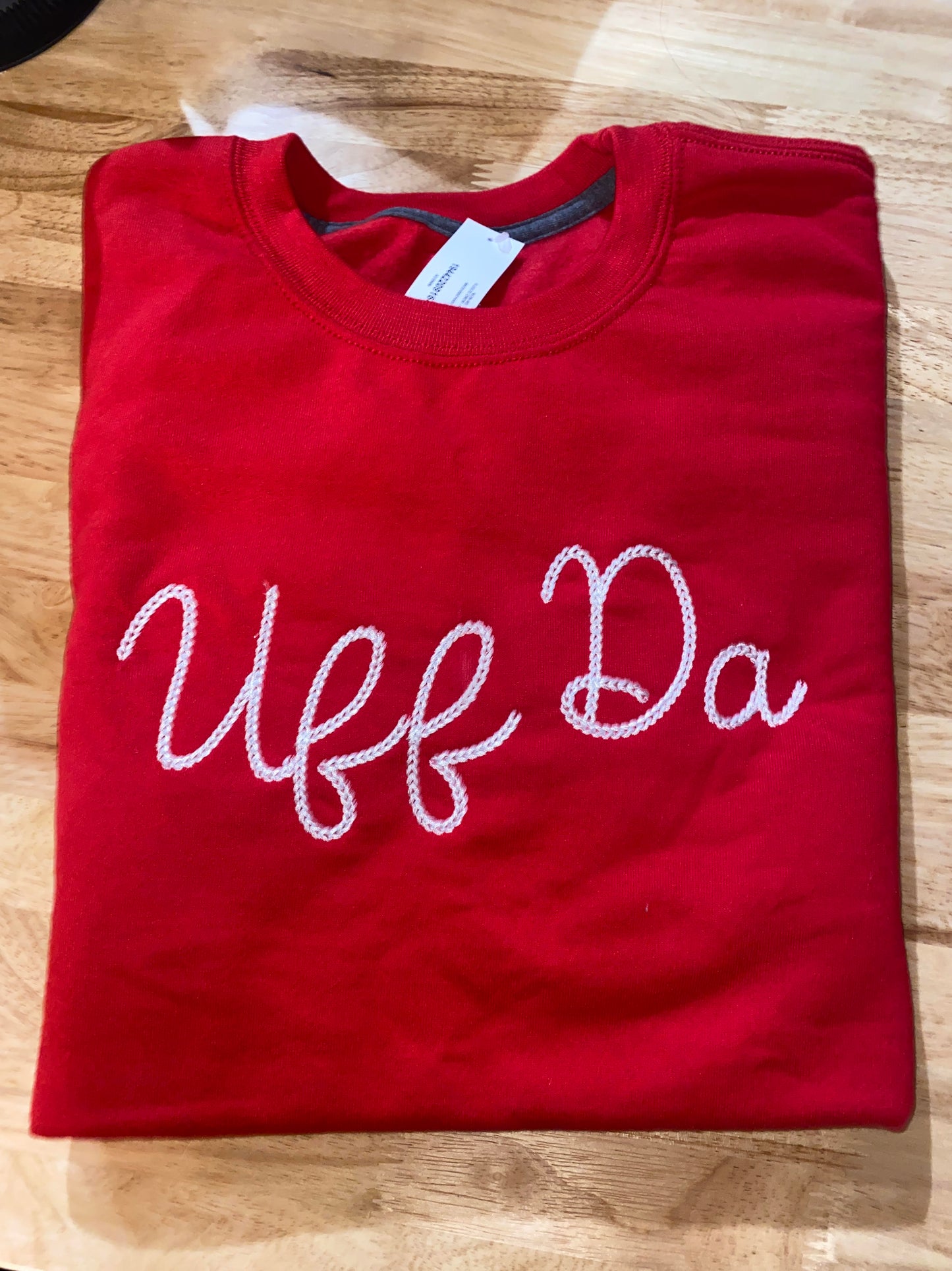 Uff Da Embroidered Crew Neck Sweatshirts - Red
